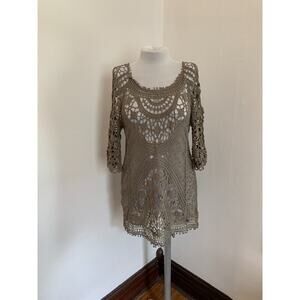 Banana Moon Short Shift Mini Dress Crochet Olive Mesh Eyelet Backless Beach Boho